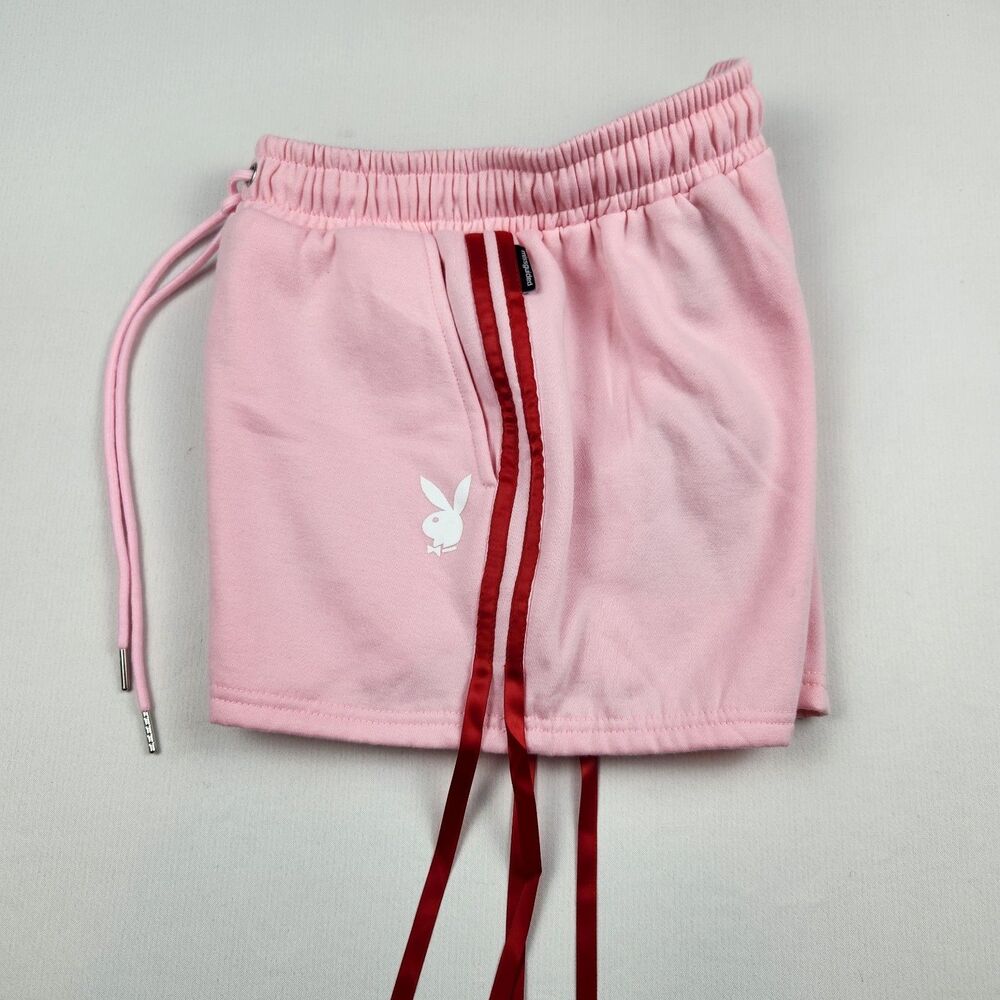 Misguided x Playboy Bow Side Training Shorts Womens S Pink/Red Logo Pockets NWT